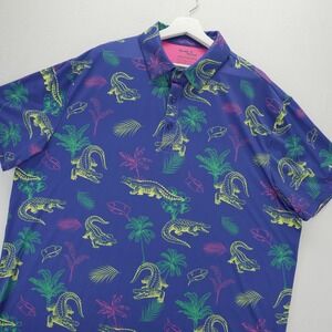 Birdie Bound Mens 2XL Golf Polo Shirt Blue Tropical Alligator Palm Tree Print